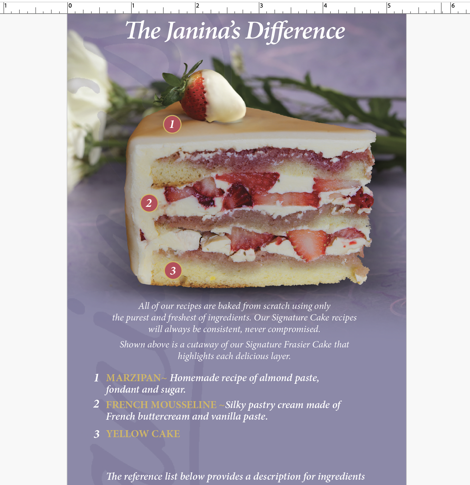 Page from Janina's Fine Desserts Cake Brochure.